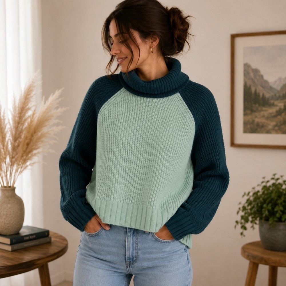 Madewell S Green Waffle Knit Turtleneck Sweater Tulip Back Raglan Sleeve